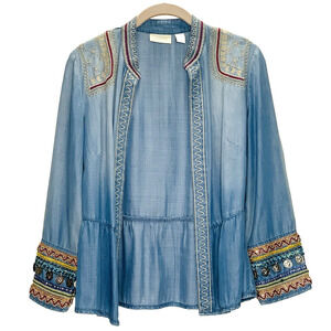 CHICO'S Chambray Jacket Sz 0 (US Small/4) Embroidered Beaded Coin Open Front EUC